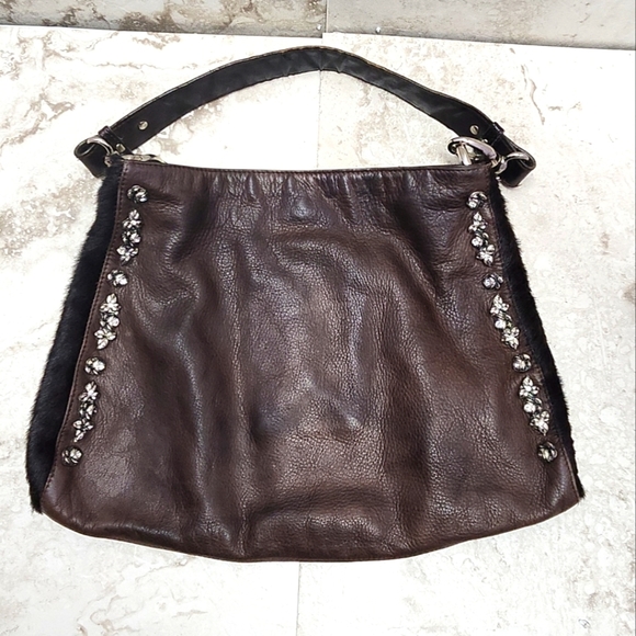 Berge Handbags - BERGE Brown Leather/Cowhide Shoulder Handbag With Rhinestones Made in ITALY